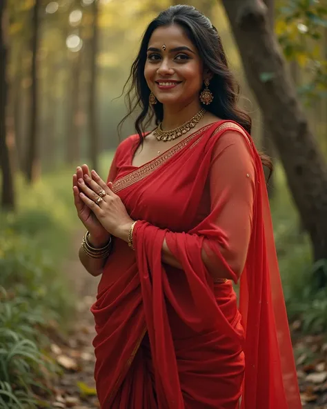 Plump 45 year old indian fair woman wearing red see through saree, face like a goddess, anatomically perfect, thighs exposed, saree without blouse, mantouching her feet for blessing, golden ratio, forest background 