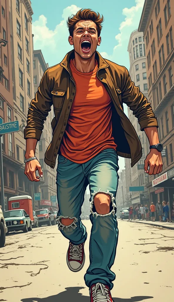 Create a very high quality image, in drawing, Old comic book style: a young man pounding in the chest, And a scream expression, As if it were a celebration of life, city background, Young man walking, With ripped skater style pants 