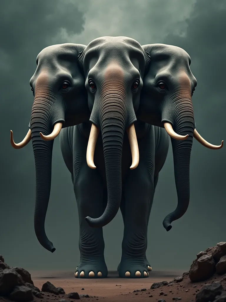 Elephant Sameer, Three heads, god, legend,  ritual , ancient, giant,  marvelous , mammoth, mysterious, power,  sacred , King of Gods, , Best High Quality Paintings, 8k, images, Conceptual Photo, Fine lines, Magnificent City Observation Tower, Train , airpo...