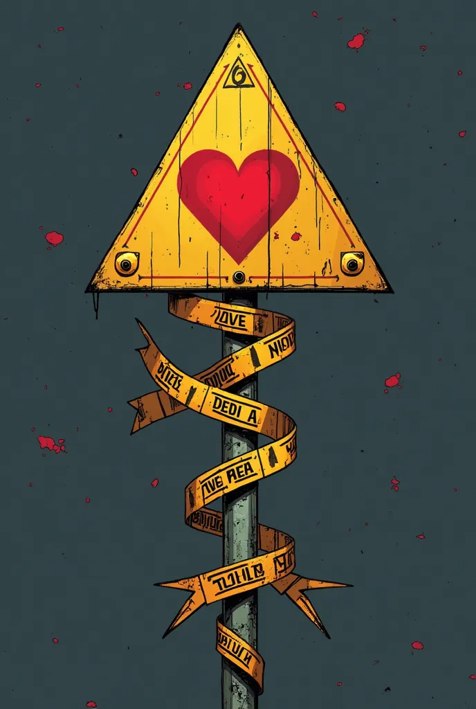 Its a arrow and the tip of the arrow is a triangle warning sign that says Love Warning in a heart shape and the arrow is covered with police tape Make it anime cover style make it more like (scissor seven art style)