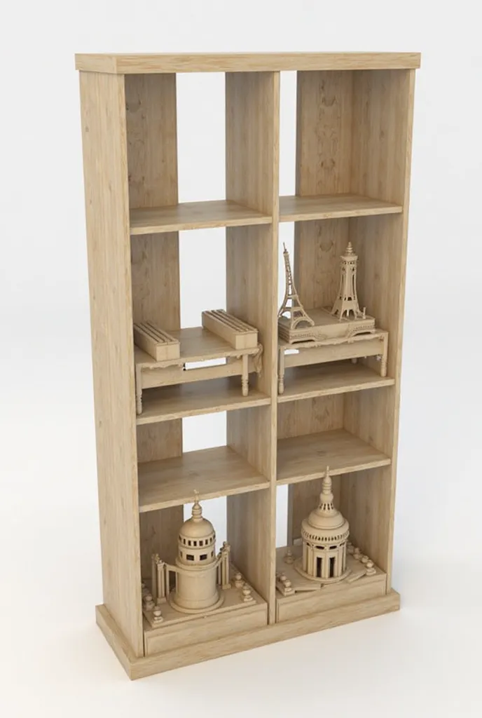  a bookcase themed to the Universal Exhibitions?

Idea: Expo Universal Bookcase

Two support pieces shaped like icons from the:

Torre Eiffel (Paris, 1889)

Crystal Palace (London, 1851)

Barcelona Pavilion (1929) (can be a third piece or a detail in the)....