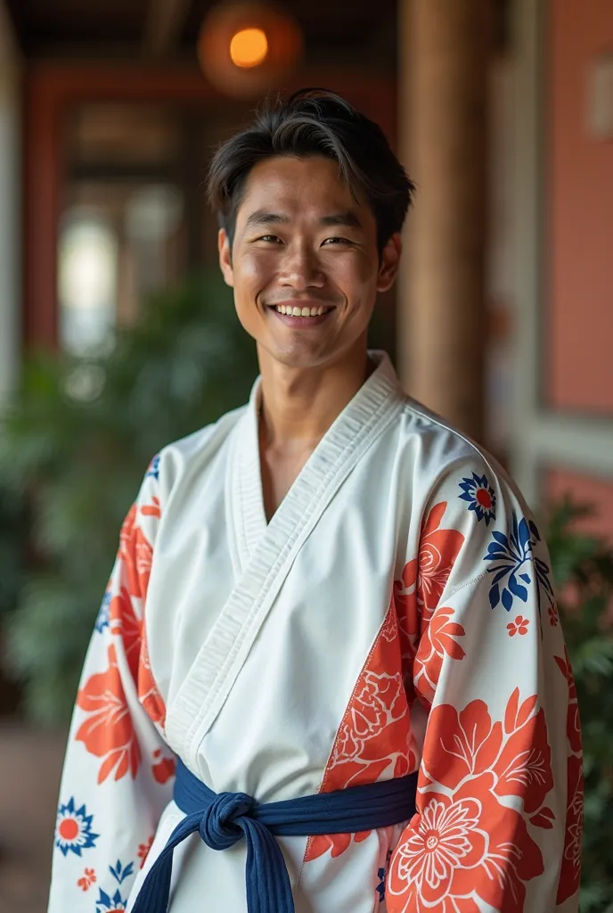 Photoshoot
Indonesia Male smiling 34 years 167cm, 73kg 
Wearig taekwondo dobok
Background korea-indonesia style