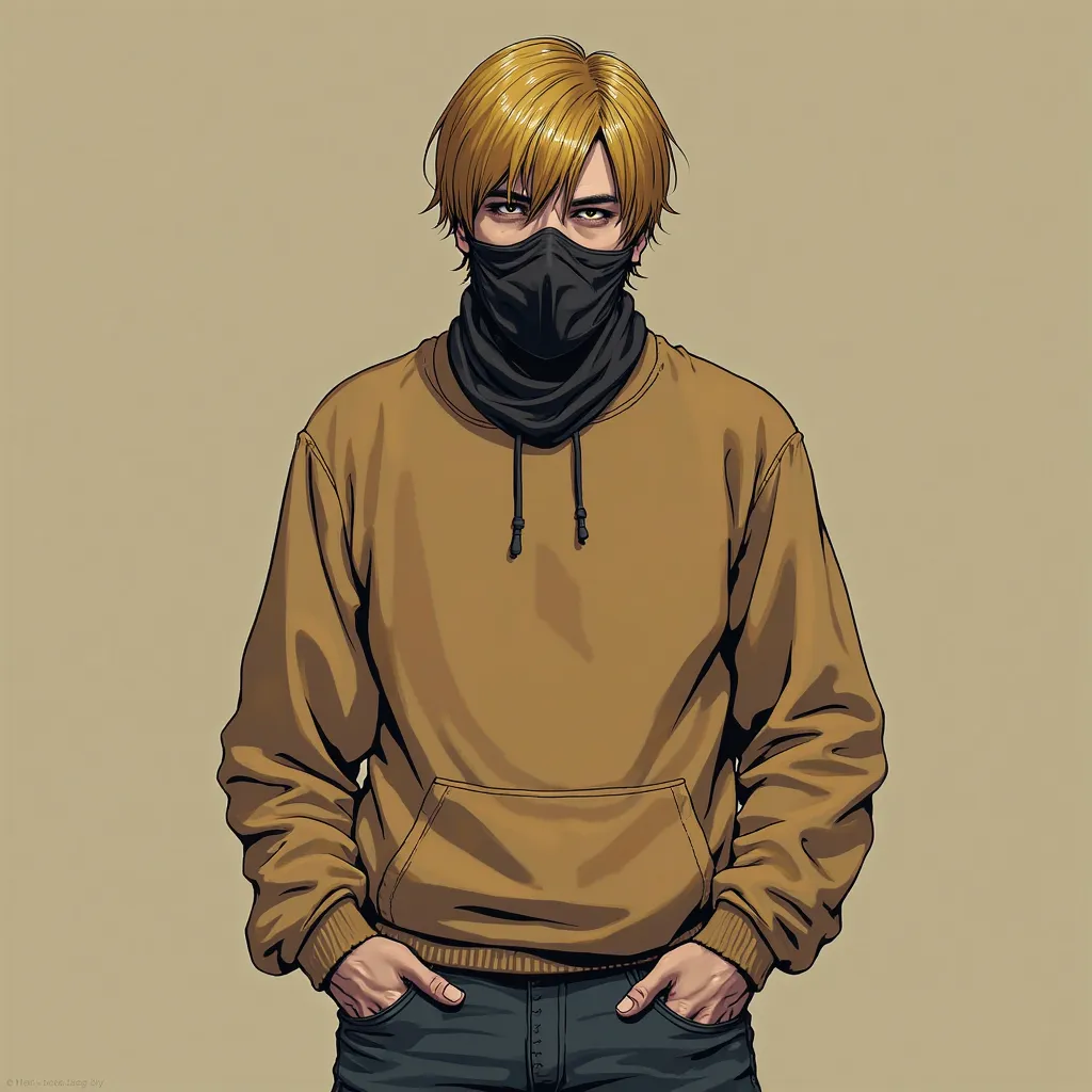  a man with short hair ,  medium hair, Yellow brown hair, Alone, with a black mask covering the eyes and nose, rest of the face showing), Holding a muzzle, wearing a ager costume, yellow brown sweatshirt, dark blue jeans etc, detailed with German scripture...