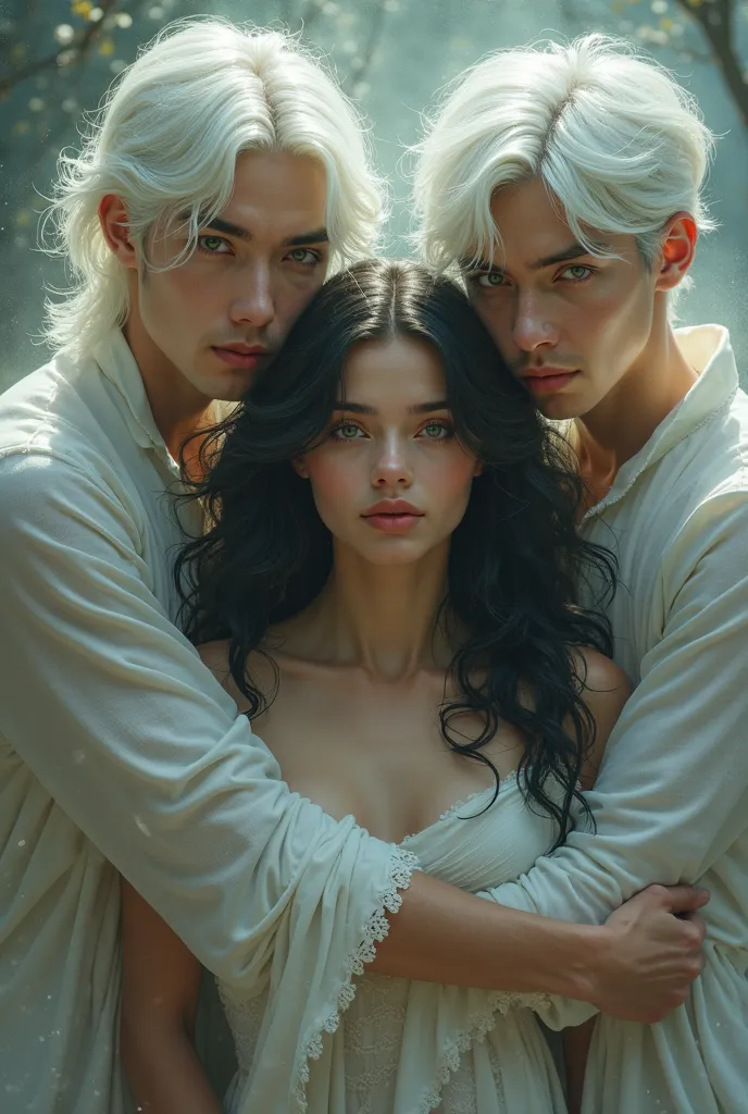 Three beautiful and young men, white hair and gold and silver eyes, Surrounding a light brown woman with black hair and green eyes.  