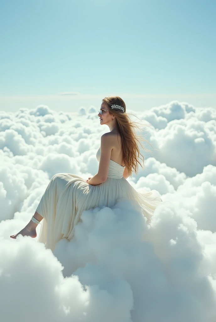 woman sitting on a cloud wearing a wedding dress,  sitting on a fluffy cloud ,  long flowing hair , lie on white clouds fairyland, Goddess of the Clouds, sleeveless off-the-shoulder dress, (white tights with ties and white ribbons), (long asymmetric layere...