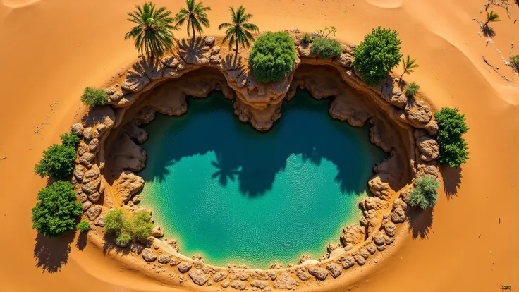 A stunning aerial view of an oasis in the heart of the Sahara Desert, captured from a perfect 90° top-down perspective, resembling a dragon’s eye. The central water body forms the eye, encircled by rugged cliffs and rock formations that mimic the intricate...