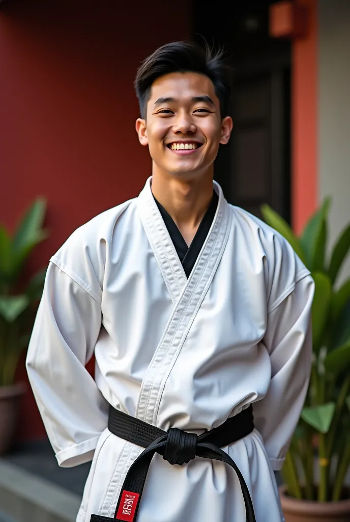 Photoshoot
Indonesia Male smiling 34 years 167cm, 73kg 
Wearig taekwondo dobok
Background korea-indonesia style