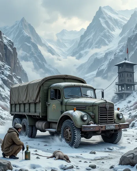 Photorealistic editorial image of a Soviet GAZ-66 truck abandoned on a high-altitude mountain pass in Afghanistan's Hindu Kush. Weathered military-green paint, rusted cab, and bullet-pocked doors. Oversized treaded tires half-buried in snowdrifts, front ax...