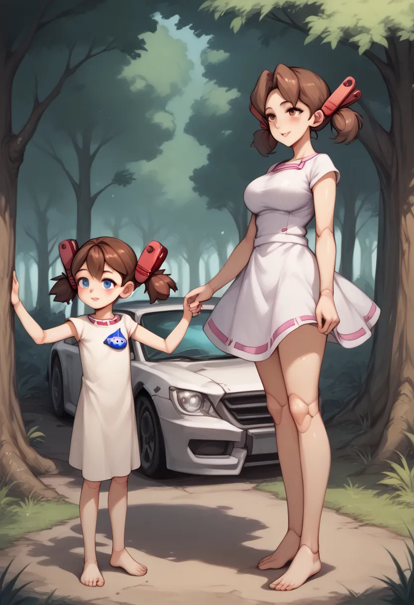  A girl is in the forest, joint seam, height 160 cm mechanical lady, skin pigment , she gets ecstasy, very short pigtails, brown hair, Hair tie with two red big red clothespins, mature, android, blue eyes, full body figure, flushed cheeks, 2020s anime pict...