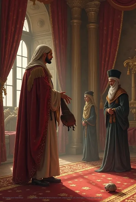 Labid shows Al-Munther's head to Al-Harith**
- ** costumes **: inside the palace, with luxurious carpets and silk curtains.
- ** Main elements **:
  - Lapid stands in front of Al-Harith, throwing Al-Munther's head to the ground.
  - Al-Harith looks at him ...