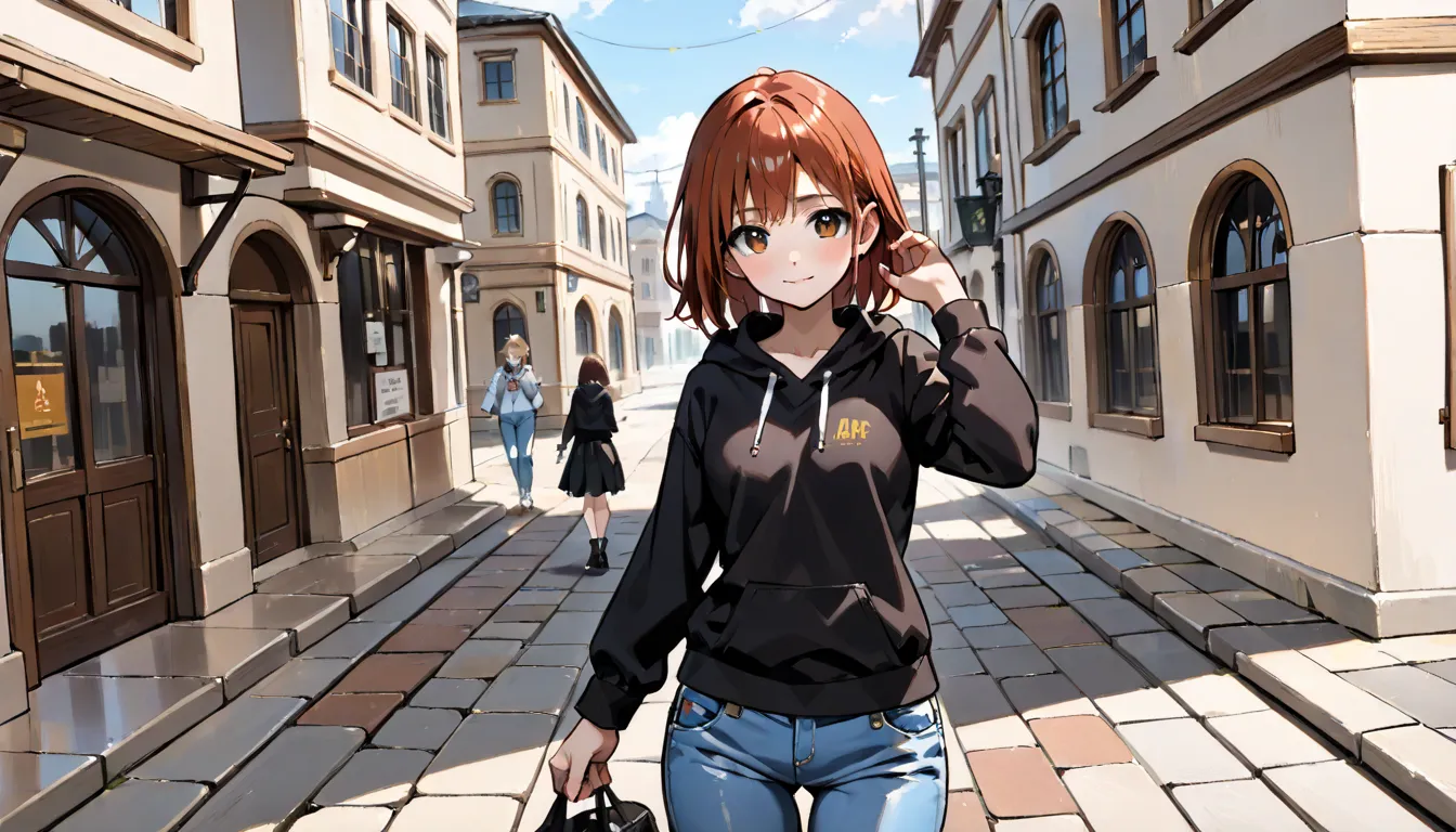 (( Masterpiece , Top Quality , dynamic angle ))、((( Three girls , a simple design Black hoodie , a simple design black cap , jeans, big breasts , small breasts , light smile )))、( detailed face , Edo , streets, cobblestone lanes )