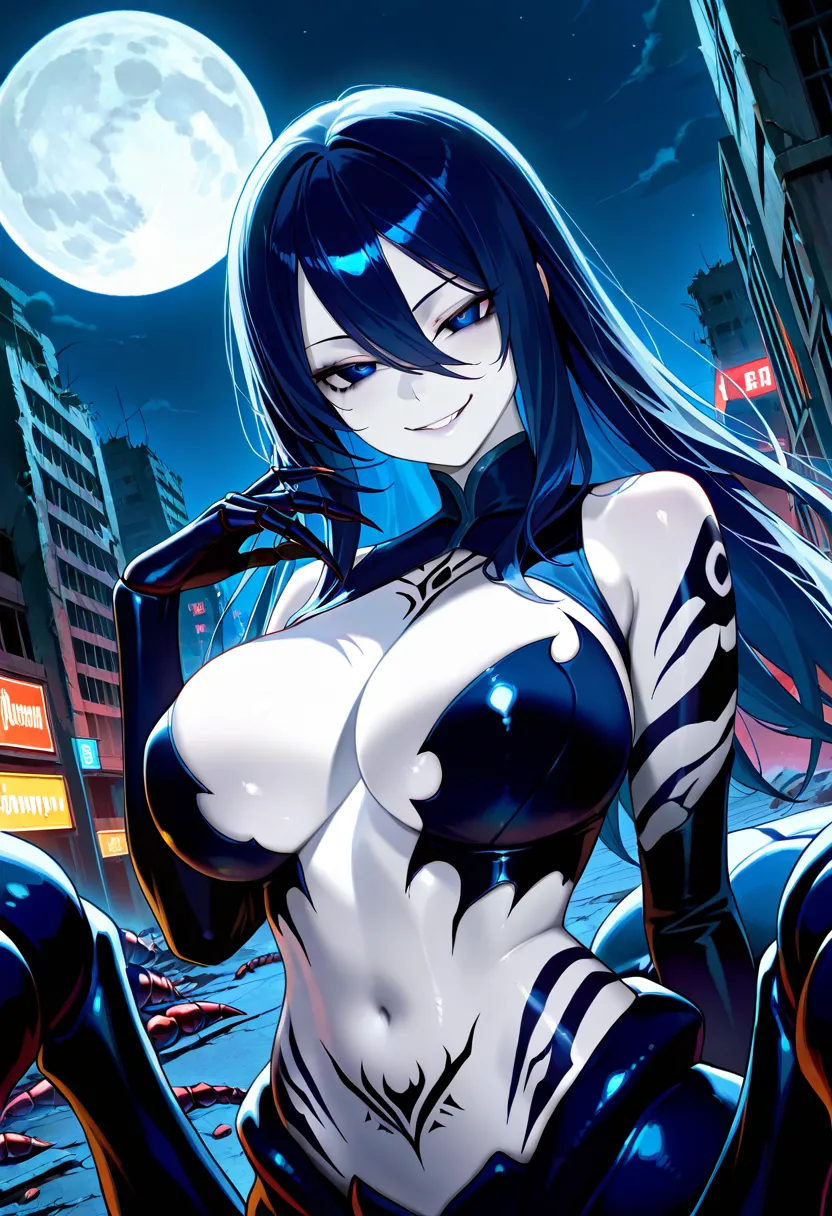 1girl:1.2, solo, scorpion girl, arthropod girl, monster girl, demon, long dark blue hair with blue stripes, dark blue-eyes, big large breasts, hidden breasts, dark blue exotic stripes clothes, pale white skin, dark blue scorpion body, dark blue scorpion ta...