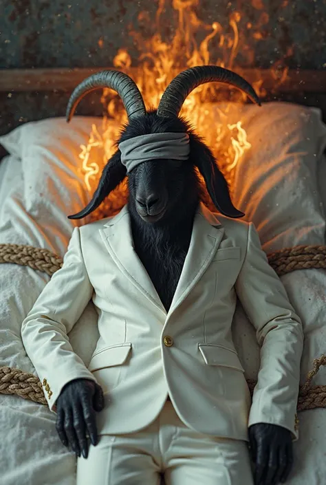 Black goat in white open suit lying on a tied bed,Catching fire blindfolded ,realistic image realistic image 