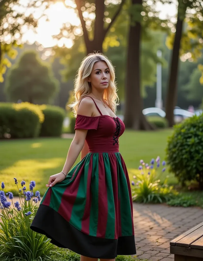 A candid and elegant photograph of a beautiful blonde woman with soft facial features and styled loose waves. She is wearing an eye-catching dress with a fitted bodice in burgundy and black lace-up details, paired with a full skirt in alternating stripes o...