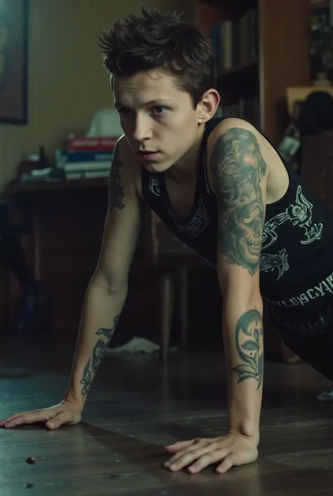 Ultra-HD cinematic close-up movie poster, gothic horror action aesthetic** , score_9, score_8_up, score_7_up, highly detailed, 16k,(((SPIKED HAIR, TATOO))), , boy on FLOOR, FULL BODY, (((CAMERA VIEW FROM FAR))), , , YOUNG BOY, , , ,, soft front right and l...