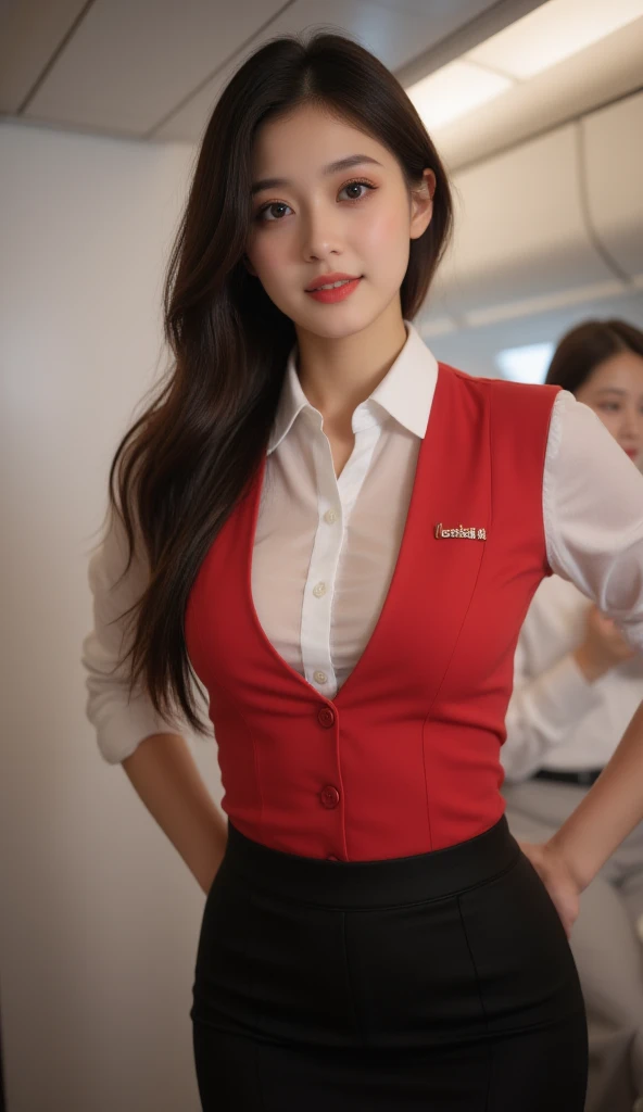 ((  masterpiece,   dancing )), ( A sexy flight attendant), Japan airlines, (Alone), ( Focus on women  ), ( stupid hair , ,  very long hair),   golden eyes ,    smile,   Open Your Mouth , big breasts and deep neckline、((transparent stewardess ,  transparent...