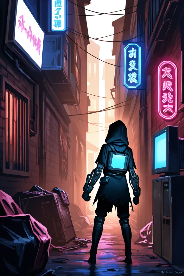 A dark, cluttered alley filled with discarded tech: broken monitors, rusted robotic limbs, tangled wires. Amidst the wreckage, a hooded young scavenger rummages for anything useful, his face partially obscured by the dim light of a distant neon sign.