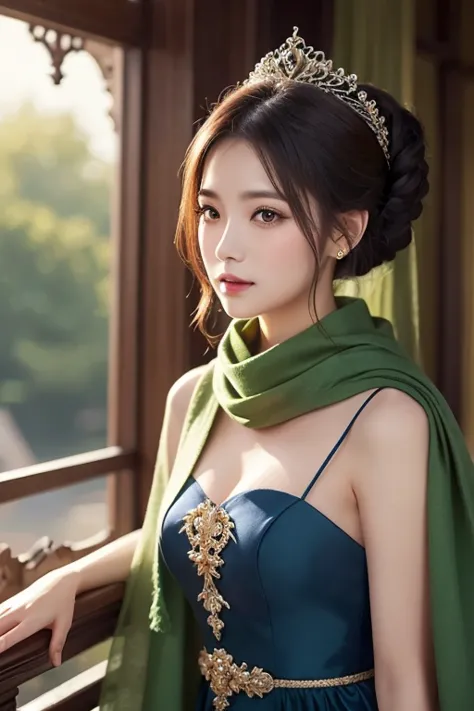 A woman in a blue dress with a long green scarf, Beautiful Portraits,  beautiful fantasy empress ,    animated illustration  