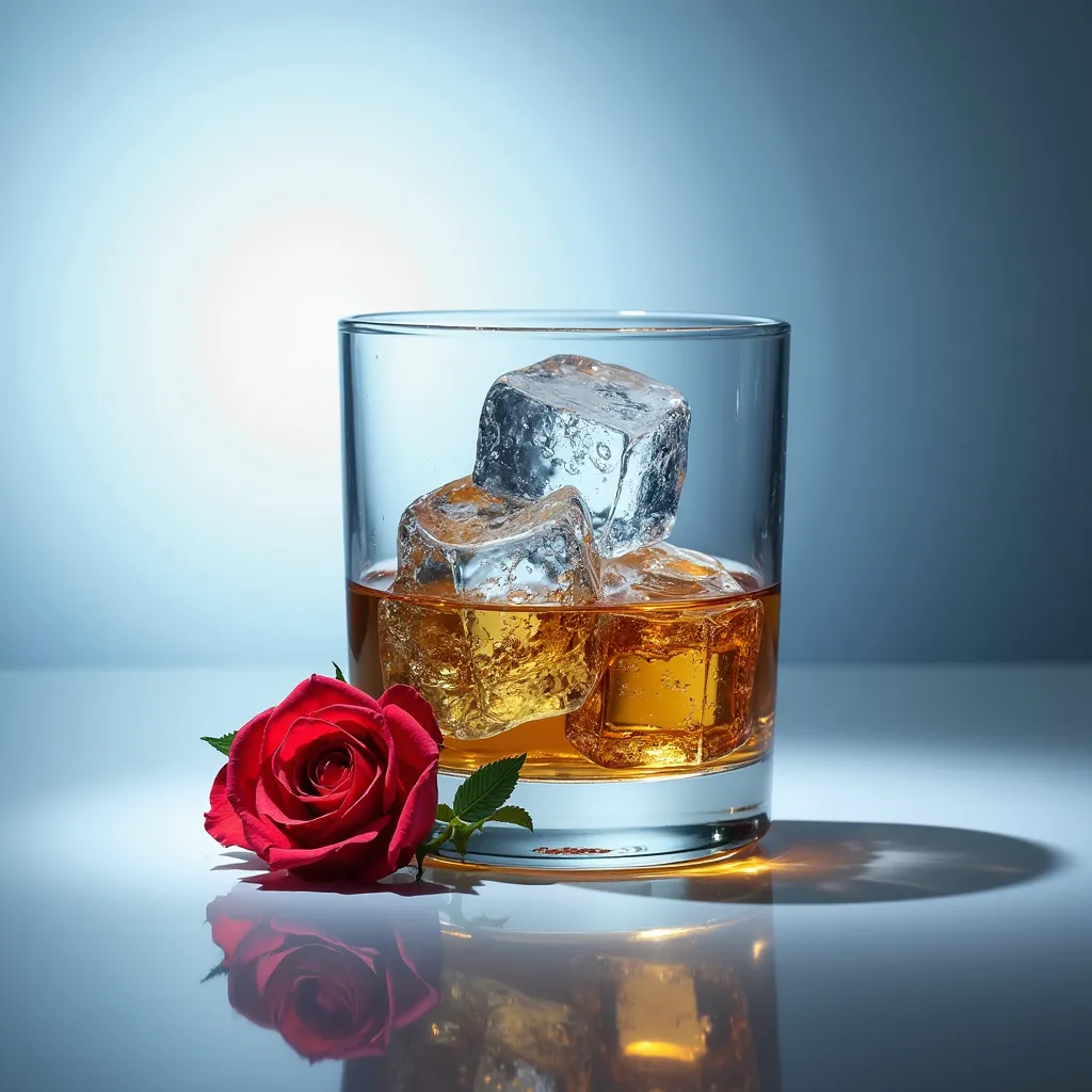  Visual Elements ：
Main picture ：A clear rose ice is in the whiskey glass
requiring：Clear rose ice is smaller than a whiskey glass，whiskey 30%
Decorate ：whiskey glass with a real small red rose
background color：Blue and white gradient（ Echoes the transpare...