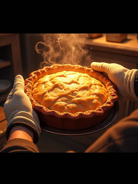 someone’s pov of taking out a pie from the oven