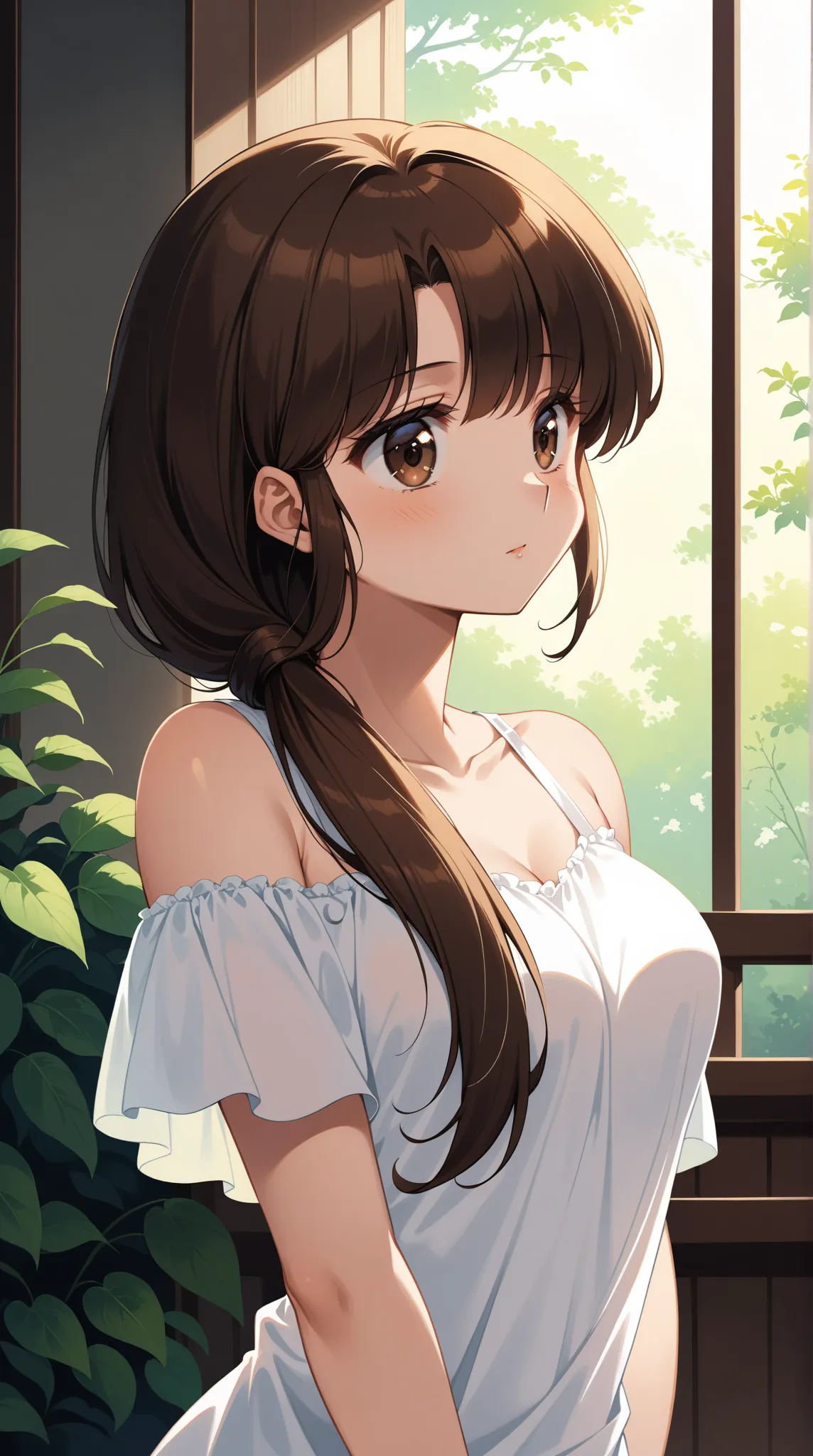 (masterpiece, best quality, wopen leg, Ultra High Definition), complicated details, 4K,aakasumi , long hair, brown hair, low ponytail, hair over shoulder, brown eyes, medium breast,1 adult woman,