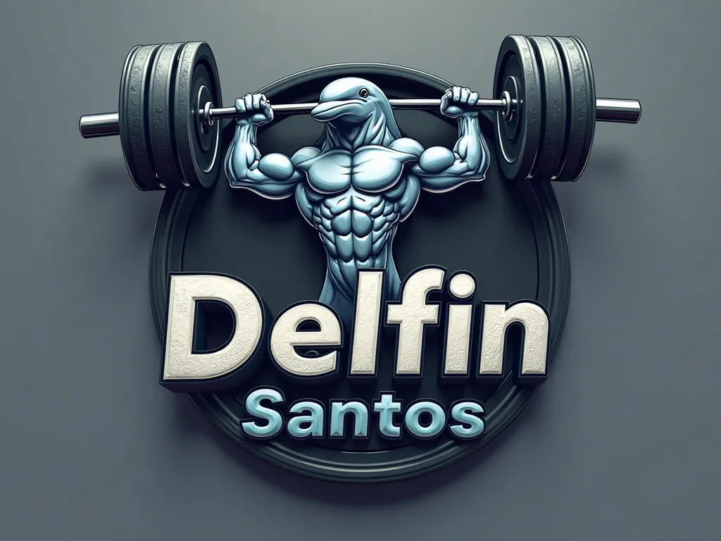 Make a logo for a dolphin shirt lifting 100 kilos with letters that say Delfin Santos in 3D style