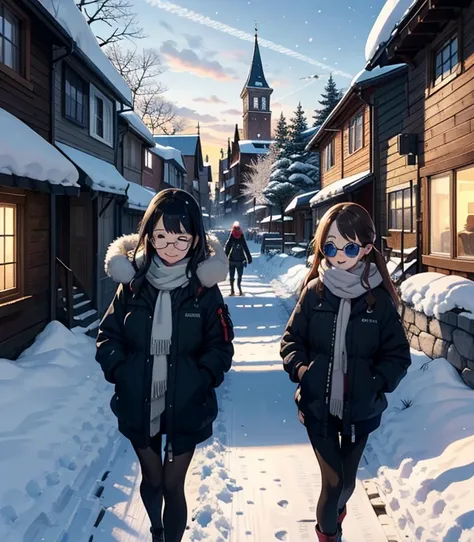   masterpiece，      nothing ，(   cute sow    ， Flat shade      )，  People wearing sophisticated glasses 々 々，         beautiful black hair    ，    fisheyecute young mother and cute daughter       people looking down on the winter city from the park garden 々...