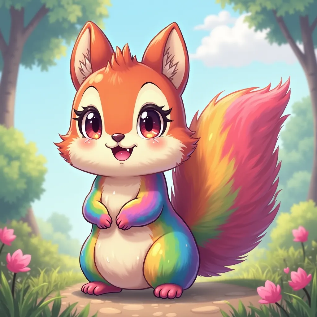 Squirrel Anime , Fluffy , Rainbow color , big round eyes , Beautiful smile , Eyelashes  ,  stand upright