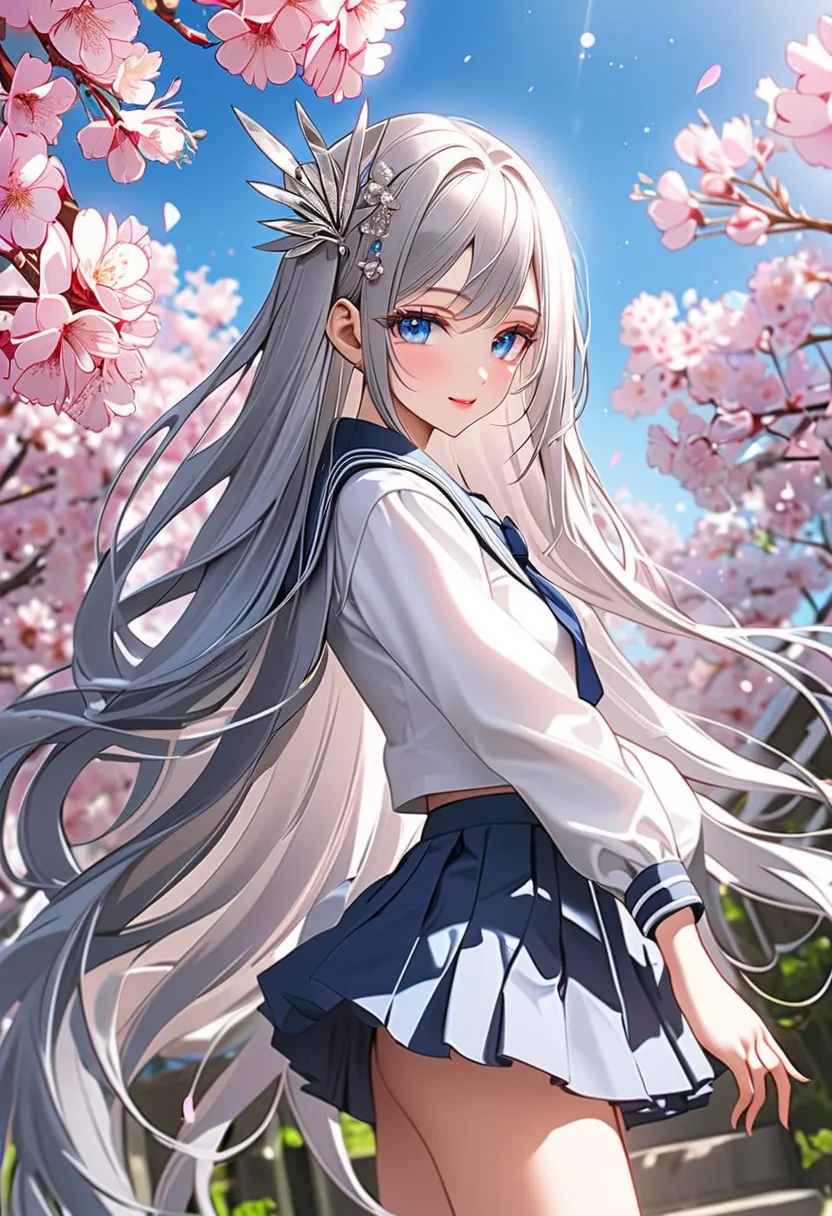 ((Highest quality、Greatest Masterpiece、16k、Super Detail、RAW photo:1.2))、((1 beautiful woman、flowing silver hair、very long hair、hair ornament studded with diamonds))、((Super Detailな顔、 longer lashes from si、 long, slender eyebrows、blue shining eyes soft lips...