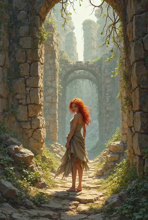 The girl with red hair in the middle of ruins 