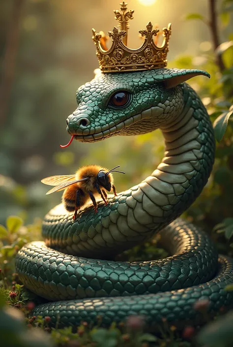 snake holding a bee with a crown