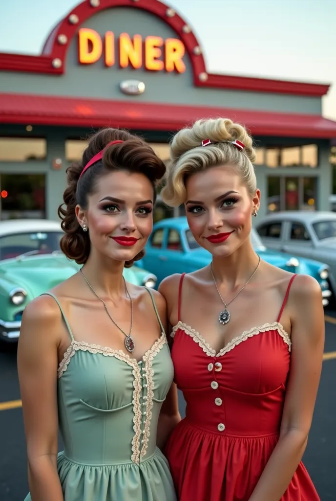 The two girls in the parking lot in front of a 1950s American diner are  rockabilly girls, Famous cars from the 1950s are parked in the parking lot, Emotional smile, so cute, Pompadour hairstyle, Gibson Girl, Gibson Girlは長身でほっそりとしているが、formed as a result of...