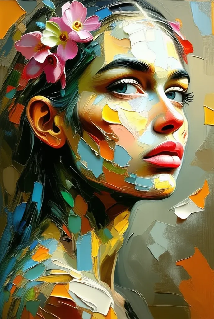 A surreal oil painting inspired by Salvador Dalí, depicting a woman's face merging with nature. Her features are fluid, blending into swirling floral patterns in vibrant pinks, oranges, and yellows. Her ethereal skin is a mix of whites and earth tones, par...