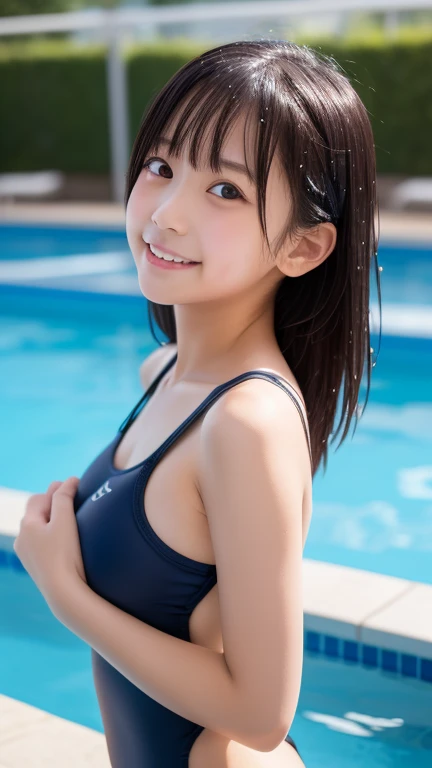 Highest quality,  super high definition、 pool、In the water、soaked、Japanese、((2 cute middle school girls))、(( Low))、(( body type))、(( small tits))、 black hair、brown eyes、school swimsuit、 rubbing my chest from behind