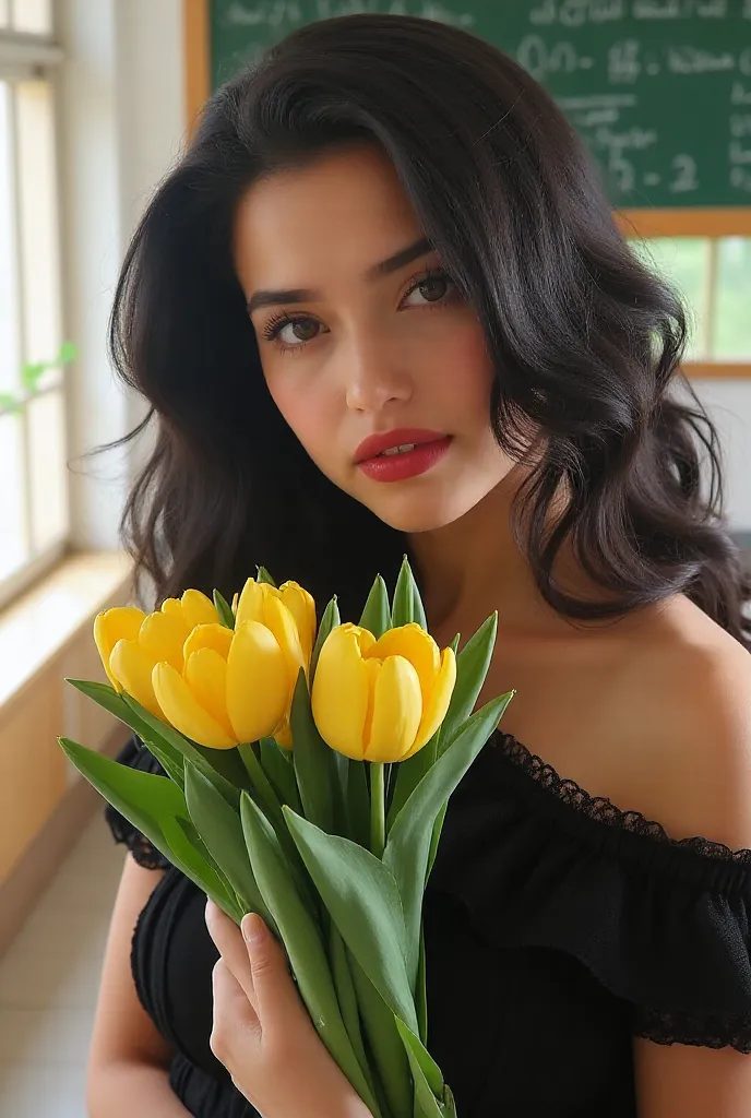 One with wavy and black hair , with beautiful dark brown eyes, a beautiful well-designed mouth,  half chubby body and thighs  , wearing a beautiful black dress and half short strap in a classroom but standing with a bouquet of yellow tulips in her hand 