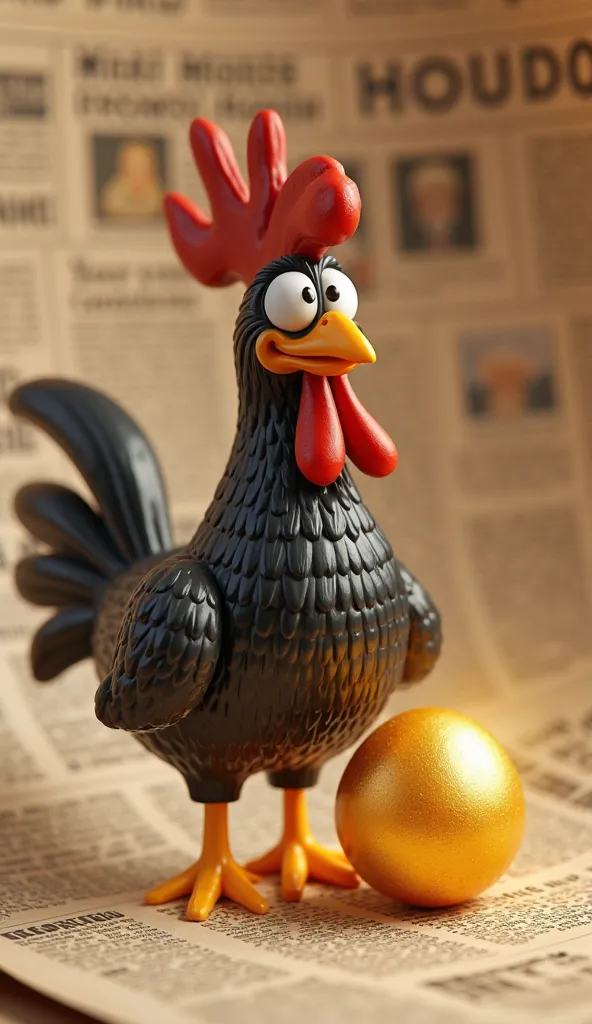 3D cartoon style image, 4K image, corny image.
Action, a black rooster printed in a newspaper and a golden egg printed with it