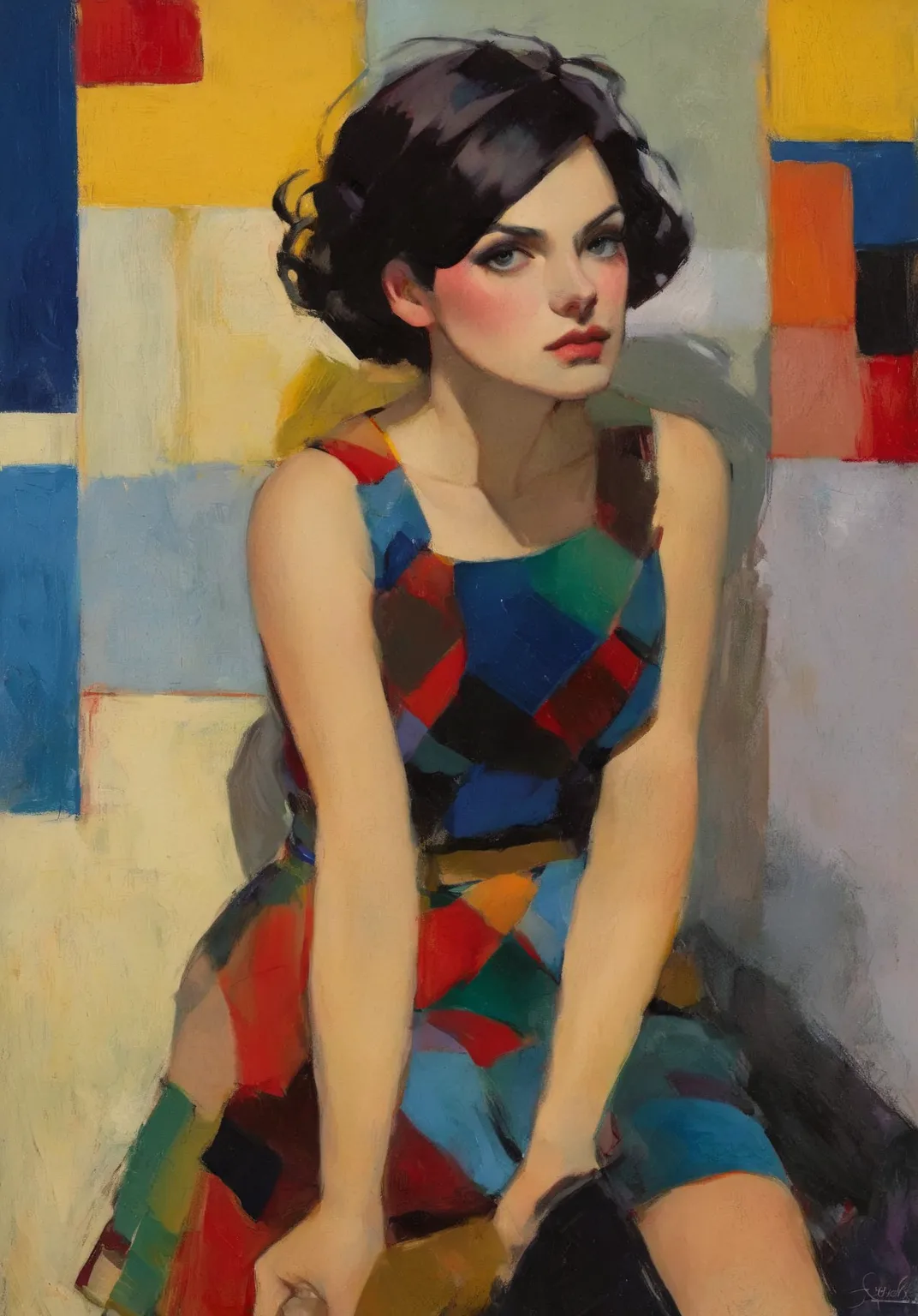 Create an evocative oil painting inspired by Malcolm Liepke, based on the provided image. Capture the intense, introspective expression of the young subject using thick, Incorporate earthy tones, deep blues, and warm browns to create a harmonious and invit...