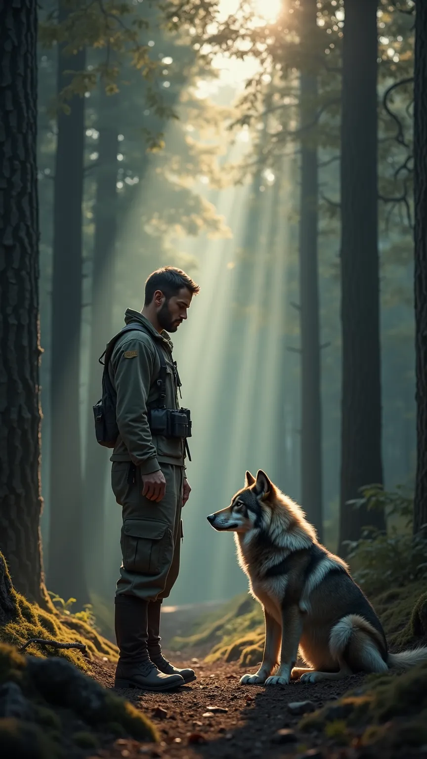 The man stands tall, gazing directly at the wolf.
The wolf sits calmly on the ground, its eyes fixed on the man.
The setting is a dense forest, with tall trees forming a natural canopy above, creating a tranquil, epic atmosphere.
Soft lighting filters thro...