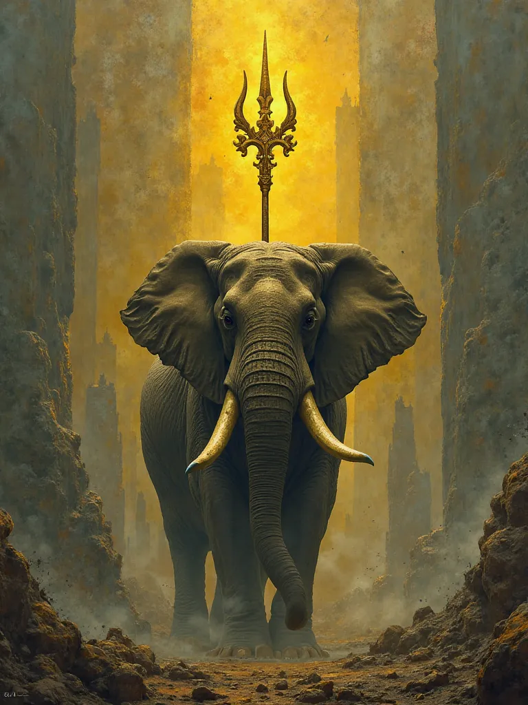 Elephant Trident in Yellow, Three heads,in the form of a god, legend,  ritual , ancient, giant,  marvelous , mammoth, mysterious, power,  sacred , King of Gods, Best High Quality Paintings, 8k, images, Conceptual Photo, Fine lines, , the majestic city skys...