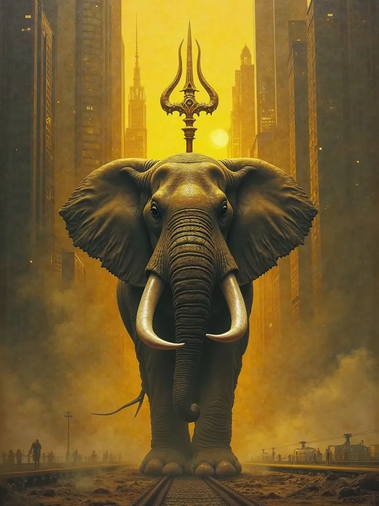 Elephant Trident in Yellow, Three heads,in the form of a god, legend,  ritual , ancient, giant,  marvelous , mammoth, mysterious, power,  sacred , King of Gods, Best High Quality Paintings, 8k, images, Conceptual Photo, Fine lines, , the majestic city skys...