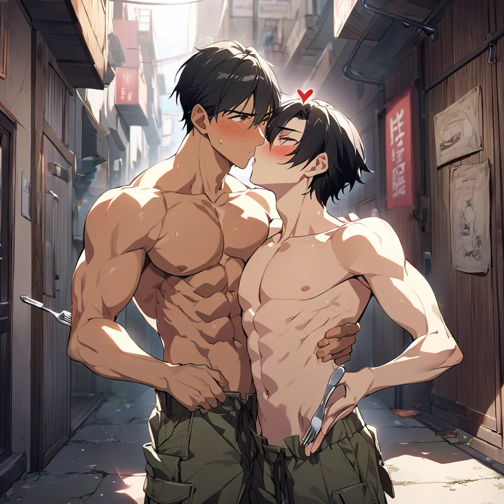 score_9,  score_8_up ,  score_7_up ,  score_6_up ,  exhaustive,Highest quality ,source anime,  boy ,  boy s, Shota, , emphasizes men, 2boy s, gay, hug, kiss, (yaoi coup le), brown eyes, black hair, Light tanned skin with a slight blush on the cheeks, cowbo...