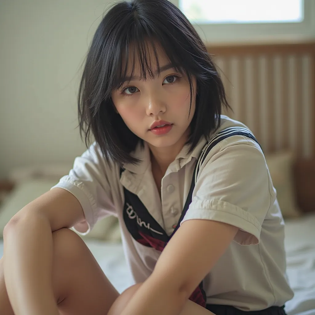 Create a full body photo showing your legs, by a KOREAN ASIAN female model, with black hair, short, smooth and with FRINGE,  with delicate face , wearing school uniform clothes, Doing a sexy and sensual pose.