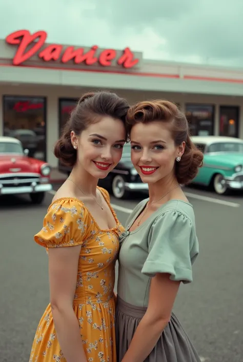 The two girls in the parking lot in front of a 1950s American diner are  rockabilly girls, Famous cars from the 1950s are parked in the parking lot, Emotional smile, So cute , Pompadour hairstyle, Gibson Girl, Gibson Girl is tall and slender、formed as a re...