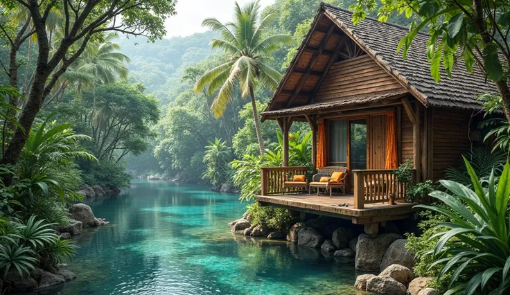  An isolated chalet in a tropical forest ,  overlooking a crystal clear river . The chalet is cozy ,  with rustic decoration ,  a balcony with hammocks and a small garden of native flowers.
 The atmosphere is always calm ,  with the sound of birds and the ...