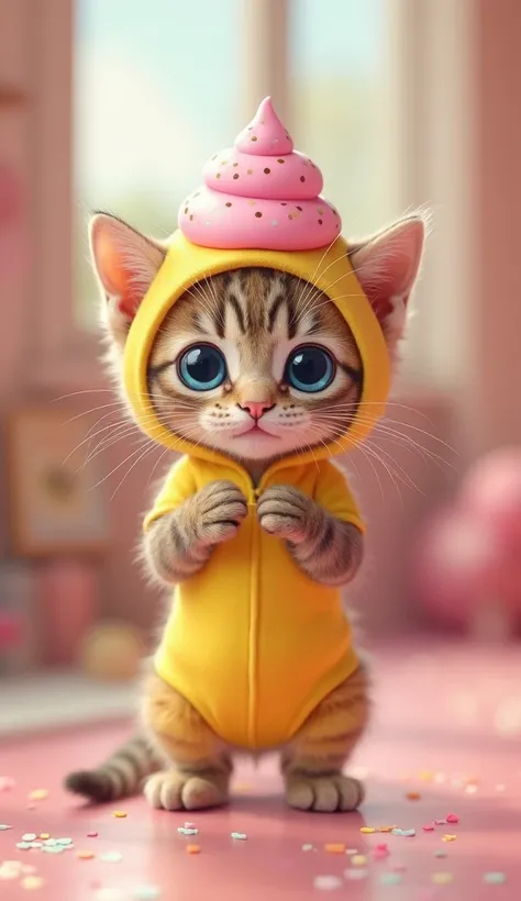 kitten ,                            bright                ,     cute blue eyes                            ,        (        real banana cake costume               )         ,     pink cream on the head    ,            ,        candy shop background        ...