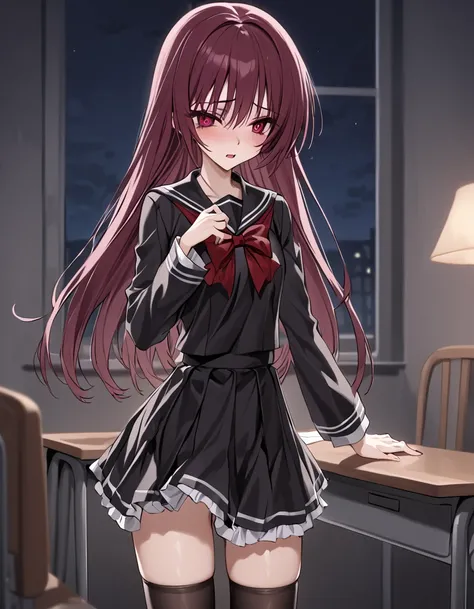 Hot 17-year-old waifu poses, Night, She wears a black sailor-style uniform and a miniskirt,   stockings, ,  Shkolnica,  maroon hair,   Romantic scene  , medium chest, nsfw, , horror game, at school,  torn clothes