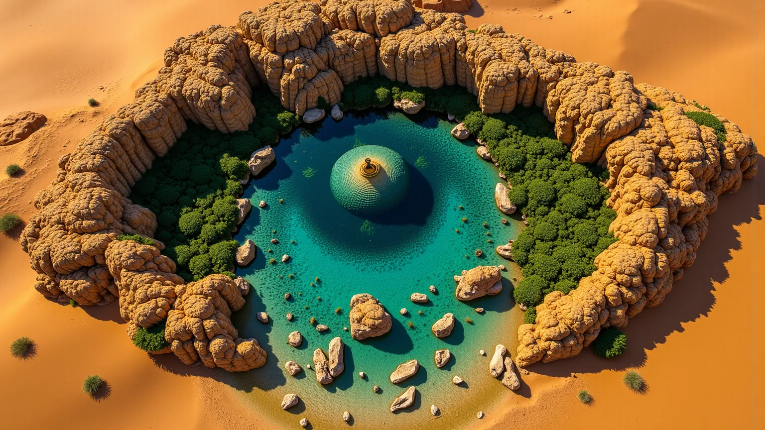 A stunning aerial view of an oasis in the heart of the Sahara Desert, captured from a perfect 90° top-down perspective, resembling a dragon’s eye. The central water body forms the eye, encircled by rugged cliffs and rock formations that mimic the intricate...