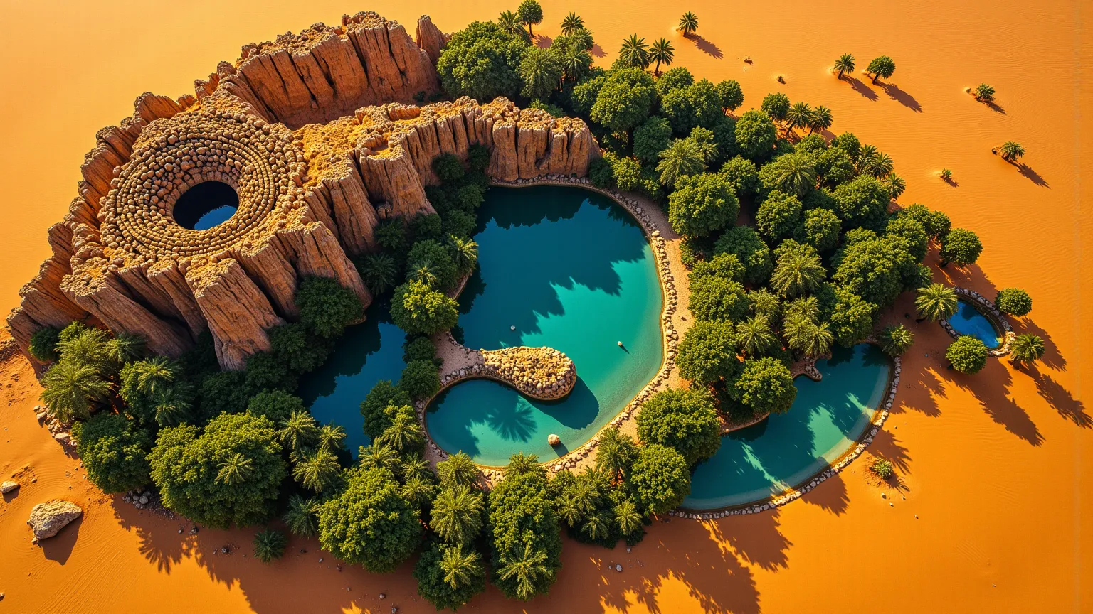 A stunning aerial view of an oasis in the heart of the Sahara Desert, captured from a perfect 90° top-down perspective, resembling a dragon’s eye. The central water body forms the eye, encircled by rugged cliffs and rock formations that mimic the intricate...