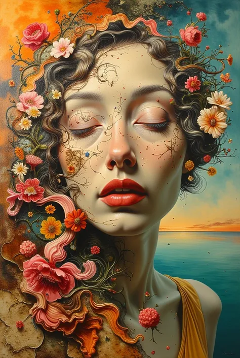 A surreal oil painting inspired by Salvador Dalí, depicting a woman's face merging with nature. Her features are fluid, blending into swirling floral patterns in vibrant pinks, oranges, and yellows. Her ethereal skin is a mix of whites and earth tones, par...