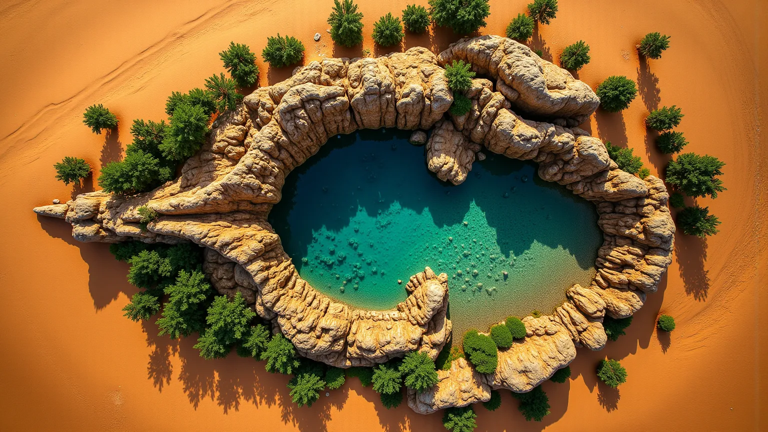 A stunning aerial view of an oasis in the heart of the Sahara Desert, captured from a perfect 90° top-down perspective, resembling a dragon’s eye. The central water body forms the eye, encircled by rugged cliffs and rock formations that mimic the intricate...